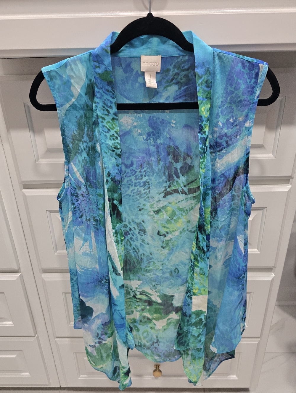 Chico's Blue Multi Floral Sheer Sleeveless Open Front Top